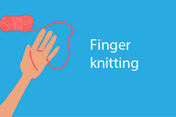 This is a illustrative element. It features a cartoon hand with a strand of red wool wrapped around its fingers to demonstrate how hand knitting is done.  The illustration sits on a bright blue background and it features the words 'finger knitting' in white text. 