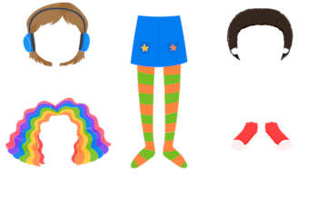 A selection of rewards available for free in Explore Learning's character studio.  Including; ear defenders, a sunflower bade, rainbow hair, red shoes, a denim skirt with stripy orange and green tights and dark afro hair.
