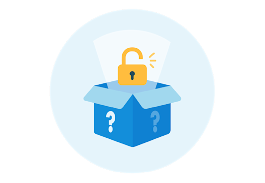 A yellow lock pops out of an open blue box with a question mark on it.