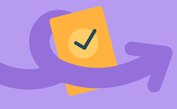 Orange document icon with a checkmark, partially wrapped by a purple curved arrow, set against a light purple background.