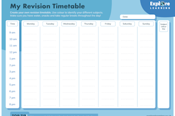 A downloadable revision planner with times down the left hand side and days of the week across the top.