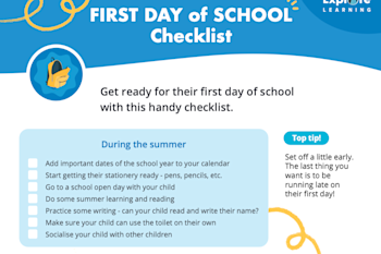 Shows an example of a first day of school checklist, which is available as a pdf downloadable. 