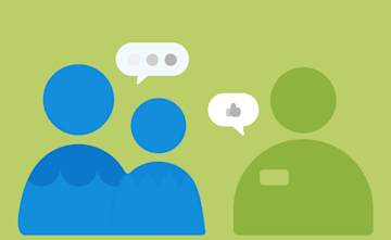 Illustration of two blue figures with speech bubbles talking to a green figure with a speech bubble containing a thumbs-up icon.